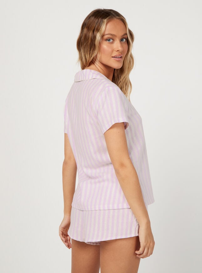 Lilac stripe cotton shortie pyjamas in a bag